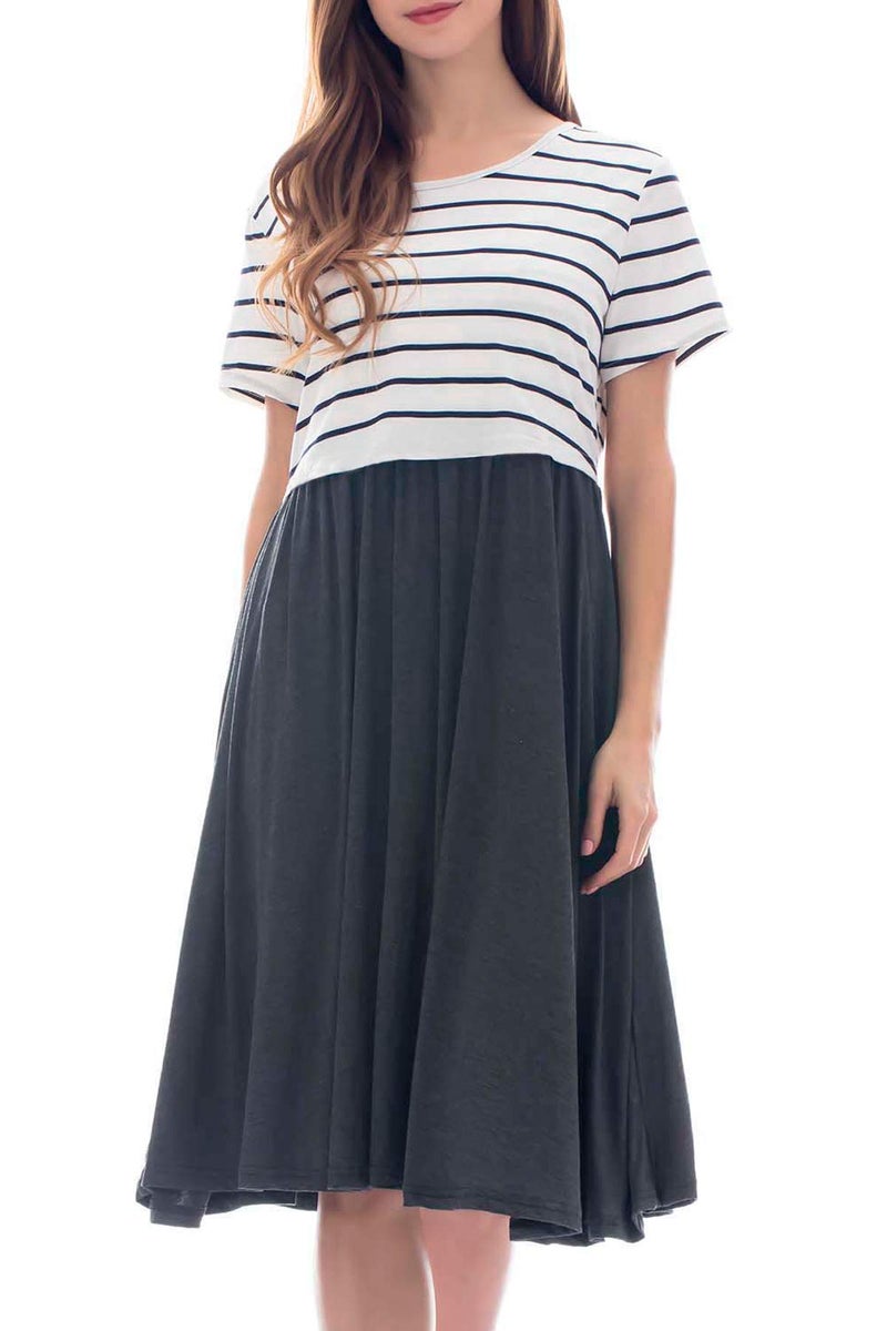 Smallshow Women's Short Sleeve Patchwork Nursing Dresses for Breastfeeding Small White Stripe - Image 5